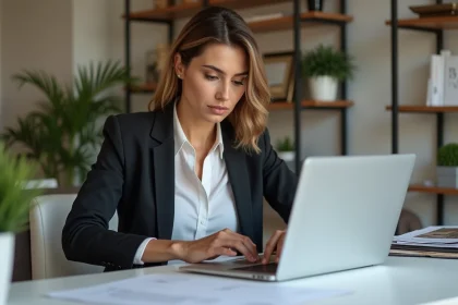 Femme professionnelle concentr&eacute;e sur des documents immobiliers dans un bureau lumineux