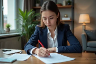 Jeune femme professionnelle lit une lettre dans un appartement cosy