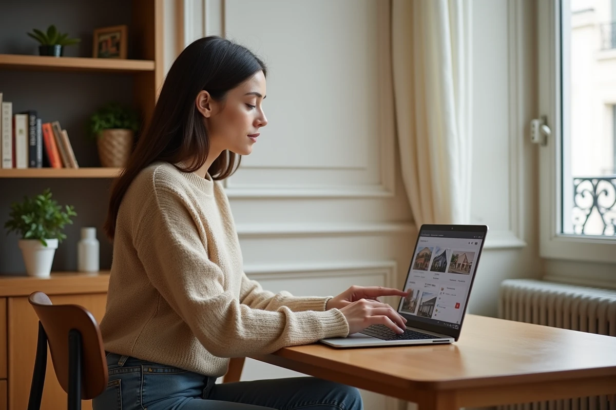Femme cherchant des annonces immobilières sur LOC'annonces Paris depuis son appartement haussmannien
