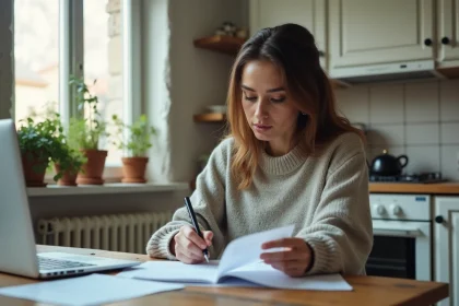 Femme d age moyen signant un document dans une cuisine