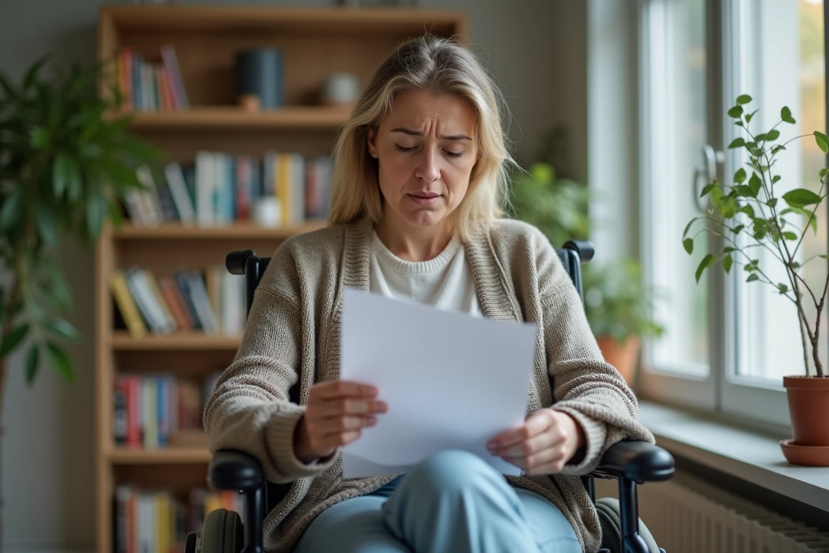 Femme en fauteuil lisant une lettre dans son salon lumineux