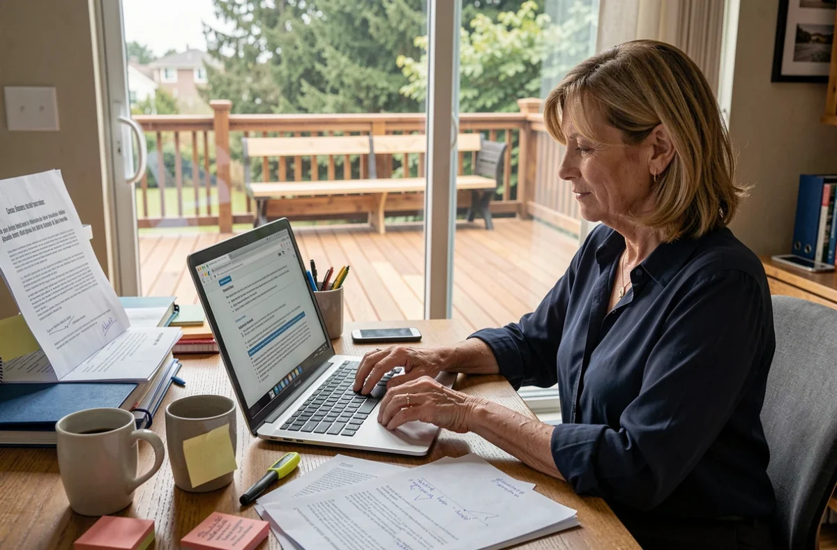 Femme consultant les textes officiels sur la taxe foncière d'une terrasse depuis son bureau à domicile