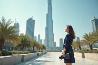 Jeune femme admirant la tour Almas à Dubai