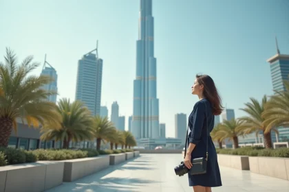 Jeune femme admirant la tour Almas &agrave; Dubai