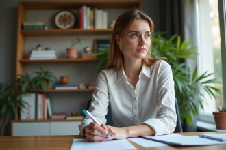 Femme professionnelle examine documents de location dans un bureau moderne