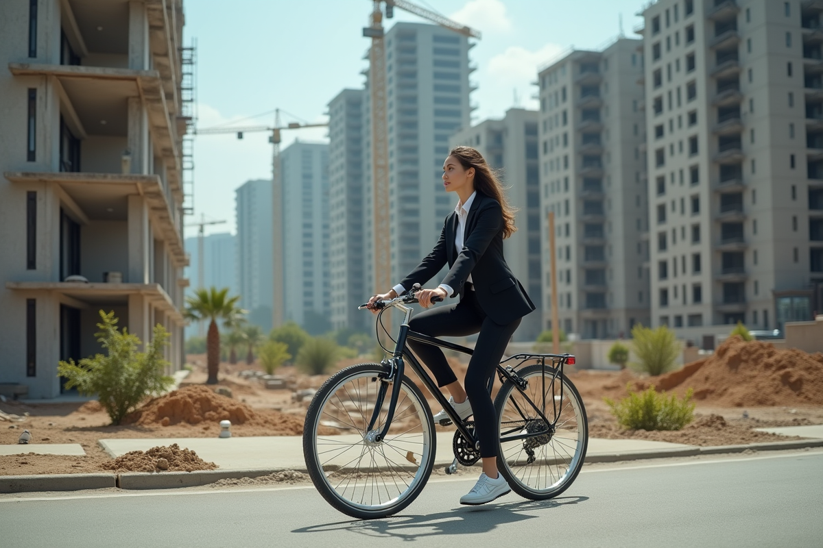 Jeune femme en costume à vélo près d