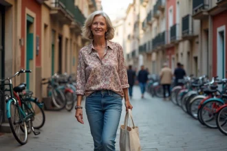 Femme marche dans Versailles avec street art et vélos