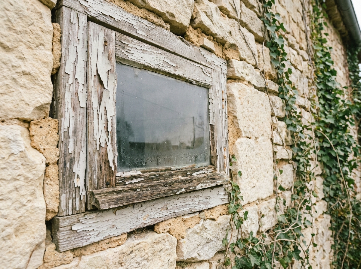 Fenêtre ancienne en bois avec peinture écaillée et joints de maçonnerie dégradés sur façade en pierre d'une vieille maison de campagne