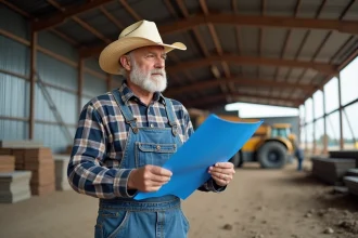 Fermeur examinant plans de hangar agricole en extérieur