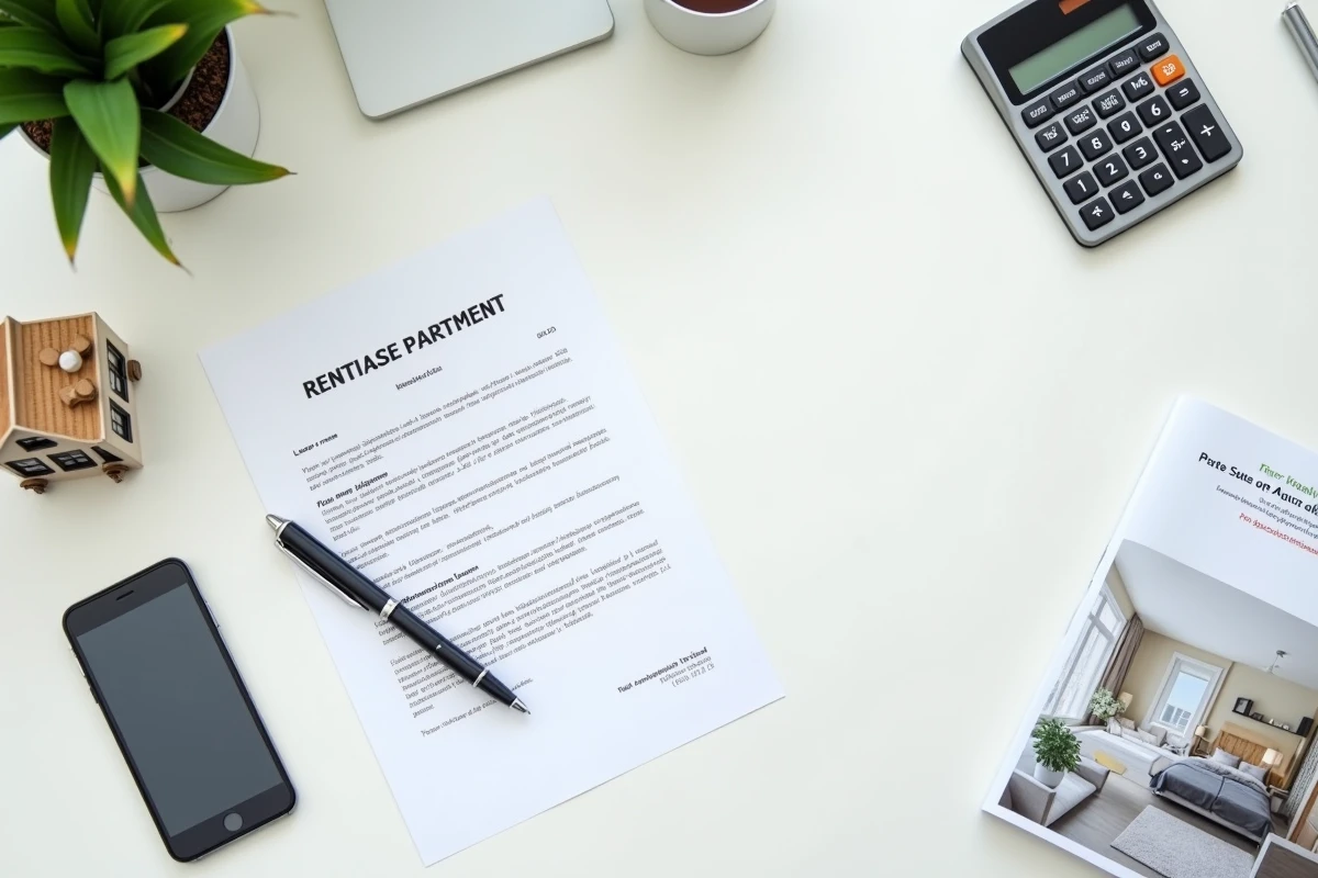 Vue aérienne d'un bureau avec un contrat de bail meublé, une calculatrice et une brochure d'assurance loyer impayé