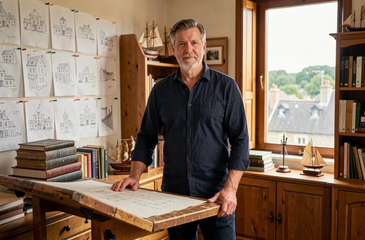 Frédéric Busquet architecte dans son studio personnel entouré de croquis et maquettes architecturaux
