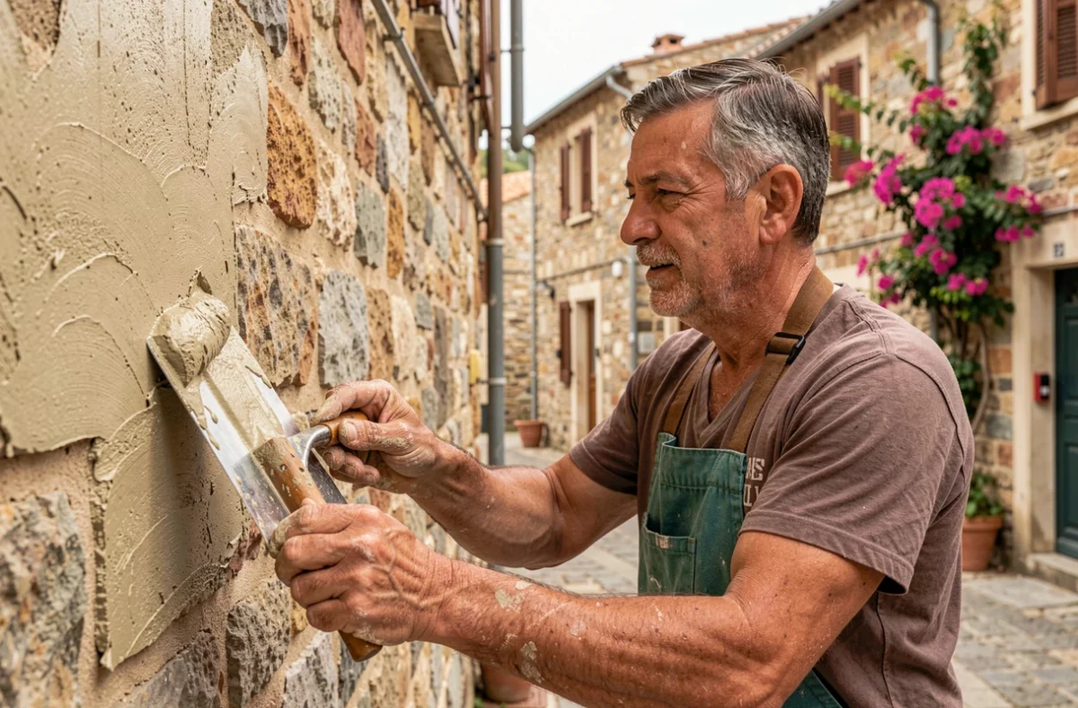 Artisan maçon de Fusella SA appliquant un enduit traditionnel sur la façade d'une maison en pierre corse