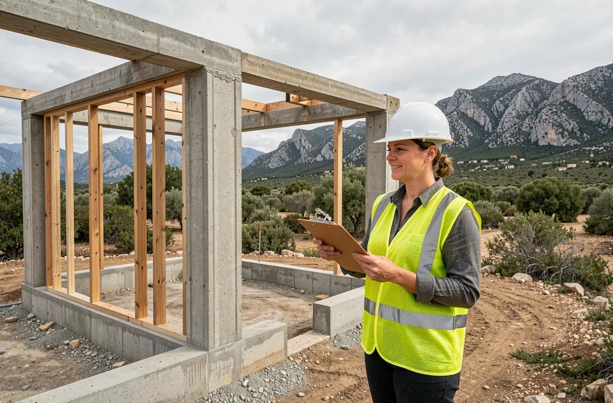 Cheffe de chantier de Gea BTP inspectant les structures en béton d'une maison individuelle en Corse
