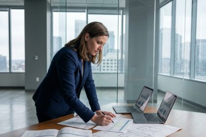 Gestionnaire d'actifs analysant des rapports financiers et des stratégies de charges d'exploitation dans un bureau moderne