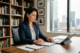 Femme cadre supérieure gérant son patrimoine depuis un bureau à domicile moderne avec tablette numérique et documents