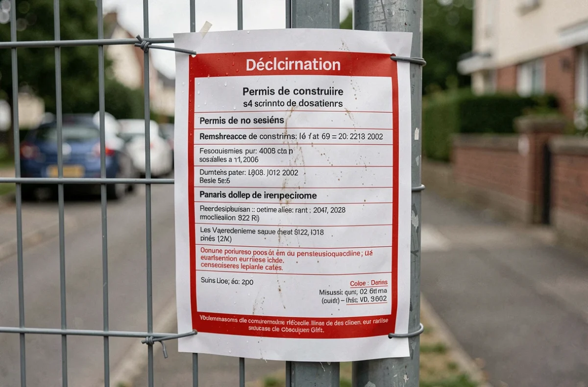 Gros plan sur un panneau réglementaire de déclaration de travaux fixé à une clôture métallique en extérieur
