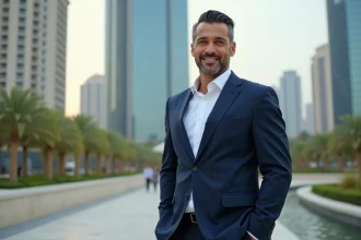 Homme d'affaires moyen-oriental devant Almas Tower à Dubai