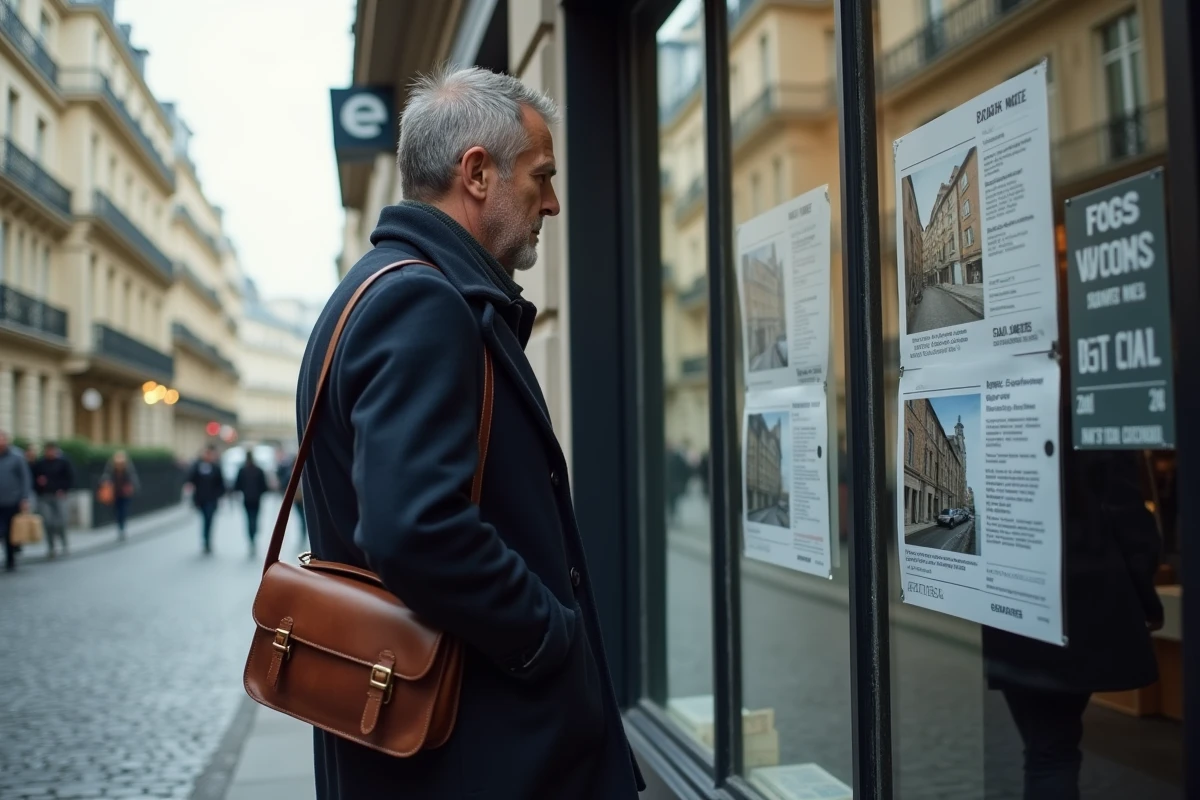Homme consultant des annonces de logements sociaux sur la vitrine d'une agence immobilière parisienne