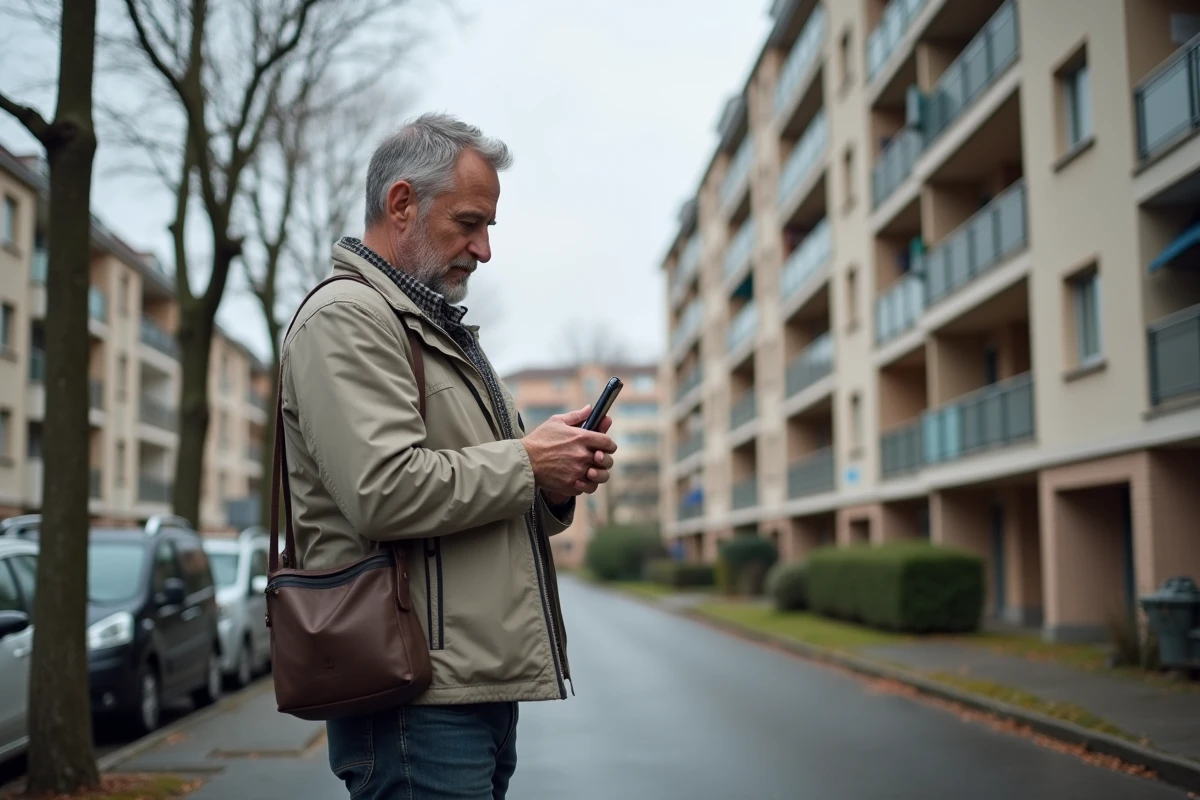 Homme comparant une annonce immobilière en ligne avec un appartement réel dans une rue résidentielle française
