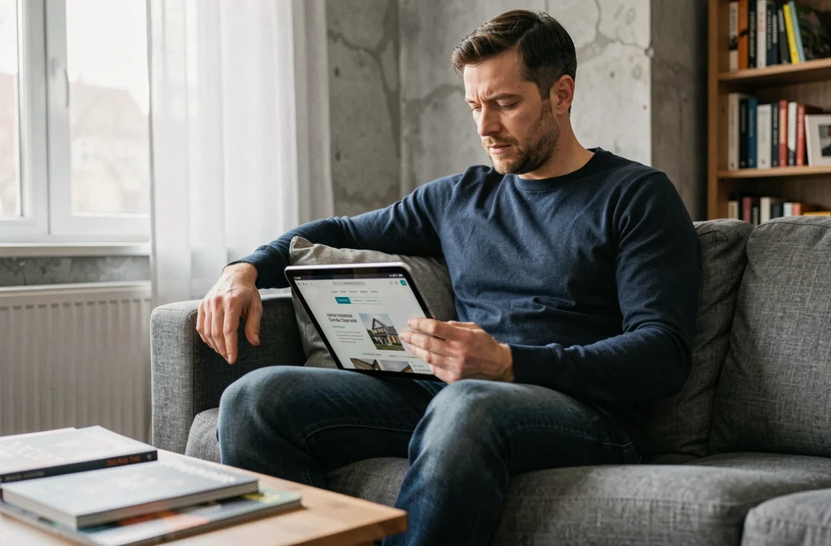 Homme comparant des offres d'assurance habitation sur tablette dans le salon de son appartement T3