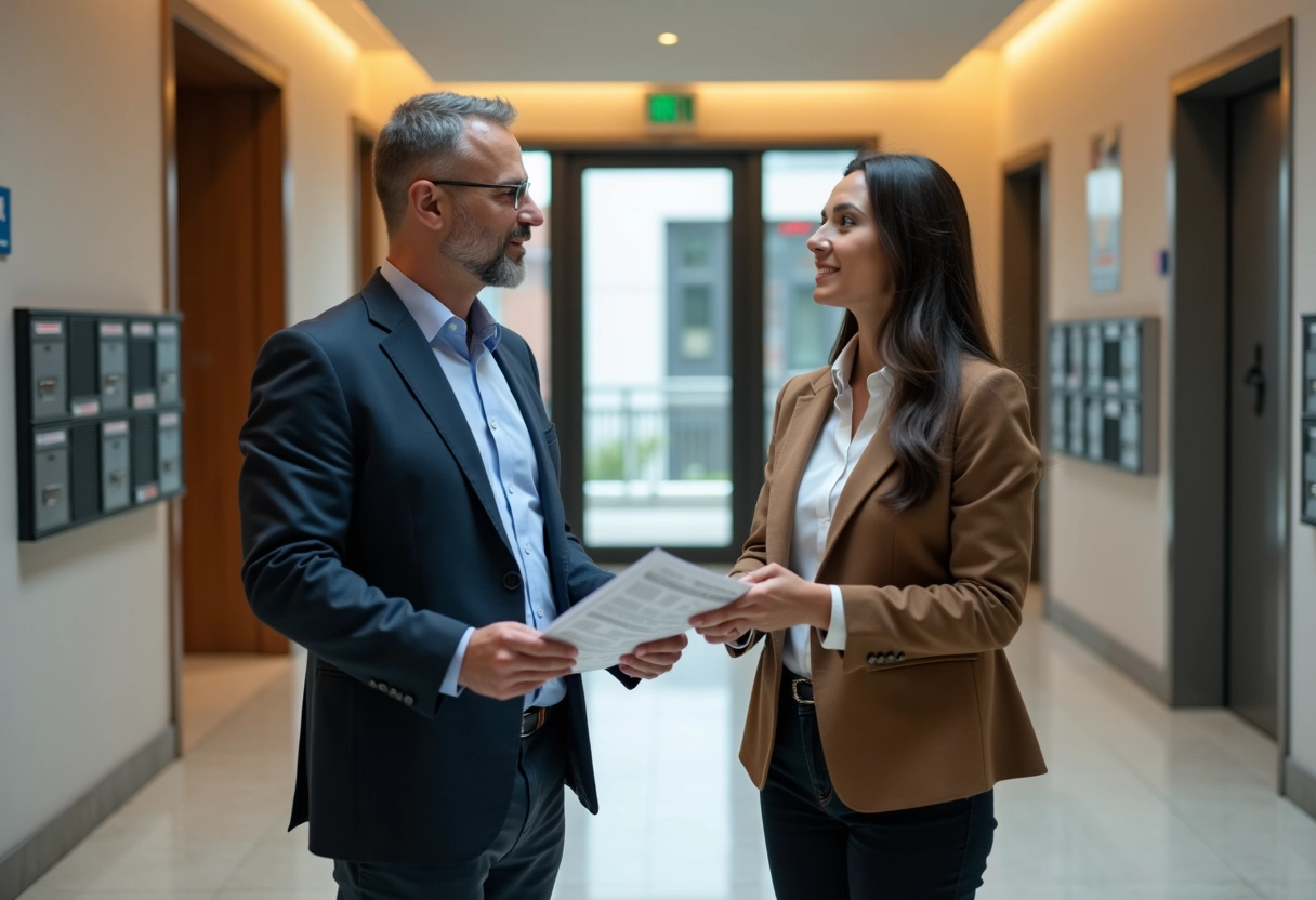 Homme d affaires discutant avec un collègue dans un hall d immeuble