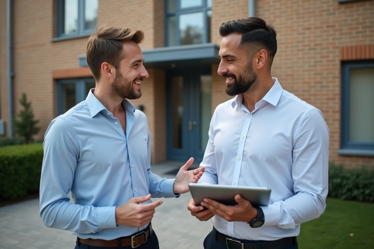 Homme discutant avec un agent immobilier devant un immeuble neuf
