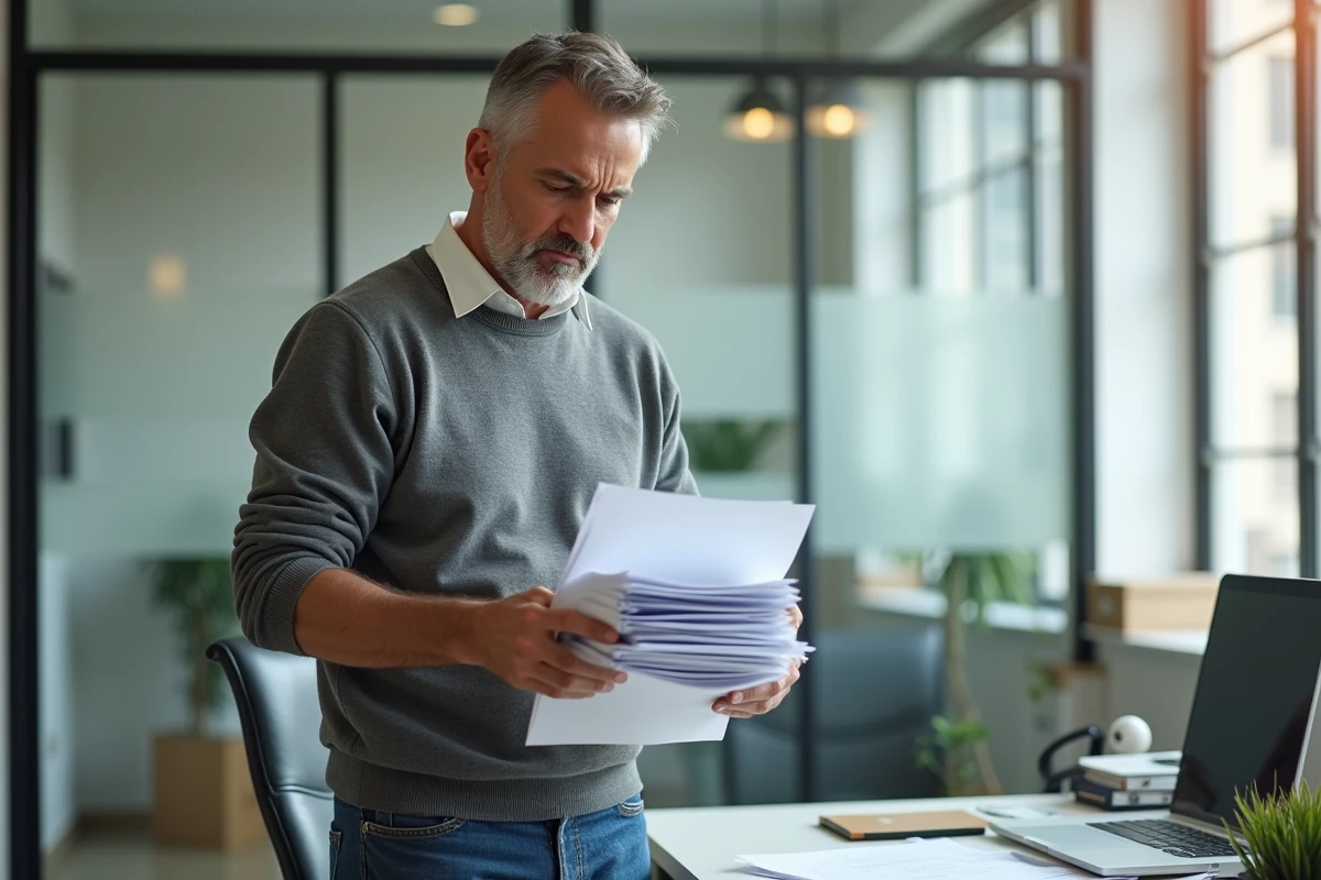 Homme d age moyen trie des dossiers dans un bureau immobilier