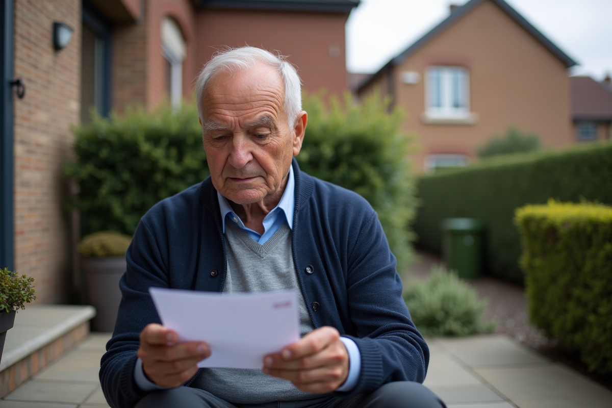 Homme âgé lisant une lettre de taxe foncière devant sa maison