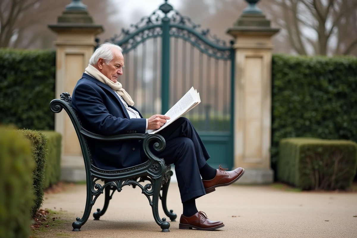 Homme &acirc;g&eacute; lit un journal dans un parc r&eacute;sidentiel de Versailles