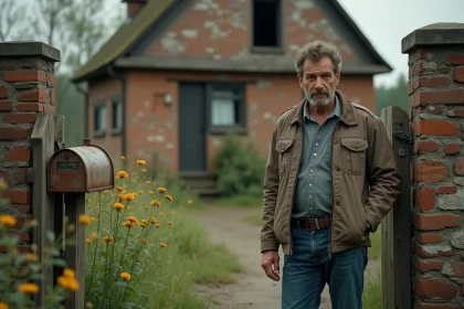 Homme examine une bo&icirc;te aux lettres rouill&eacute;e devant une maison abandonn&eacute;e