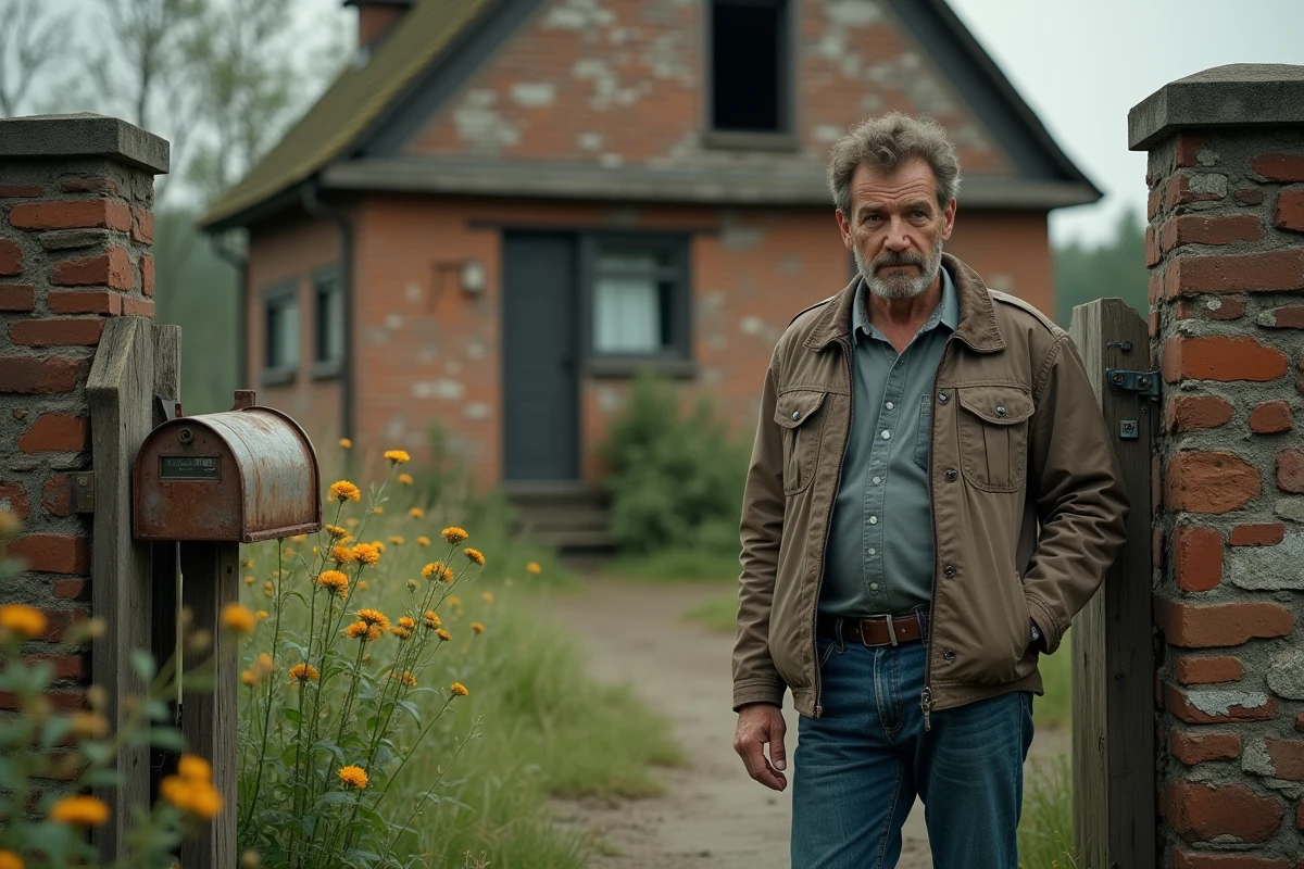 Homme examine une boîte aux lettres rouillée devant une maison abandonnée