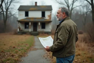 Homme contemplant une maison abandonnée en campagne
