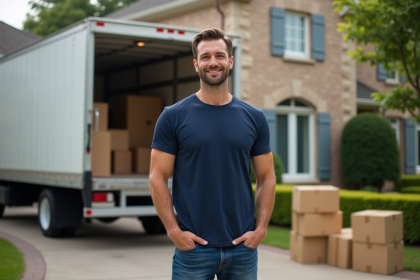 Homme confiant à côté d’un camion de déménagement devant une maison
