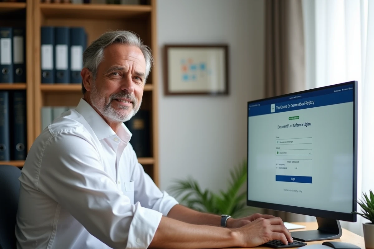 Homme consultant un portail en ligne de registre dématérialisé de copropriété depuis son bureau à domicile