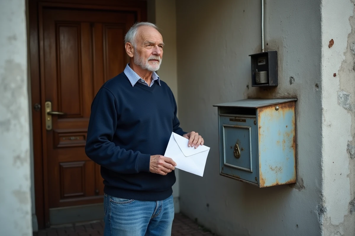 Homme d age postant une lettre dans une boite aux lettres urbaine