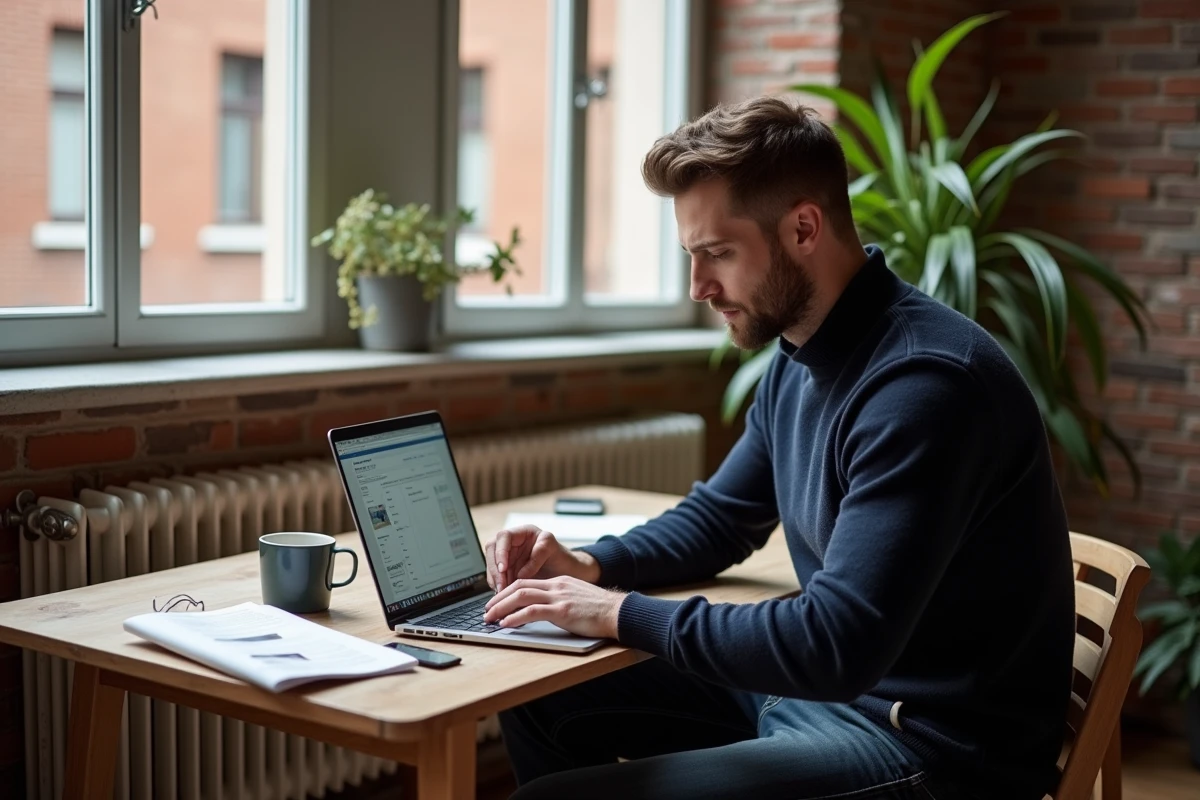 Homme consultant des annonces de location d'appartement à Berlin sur un ordinateur portable