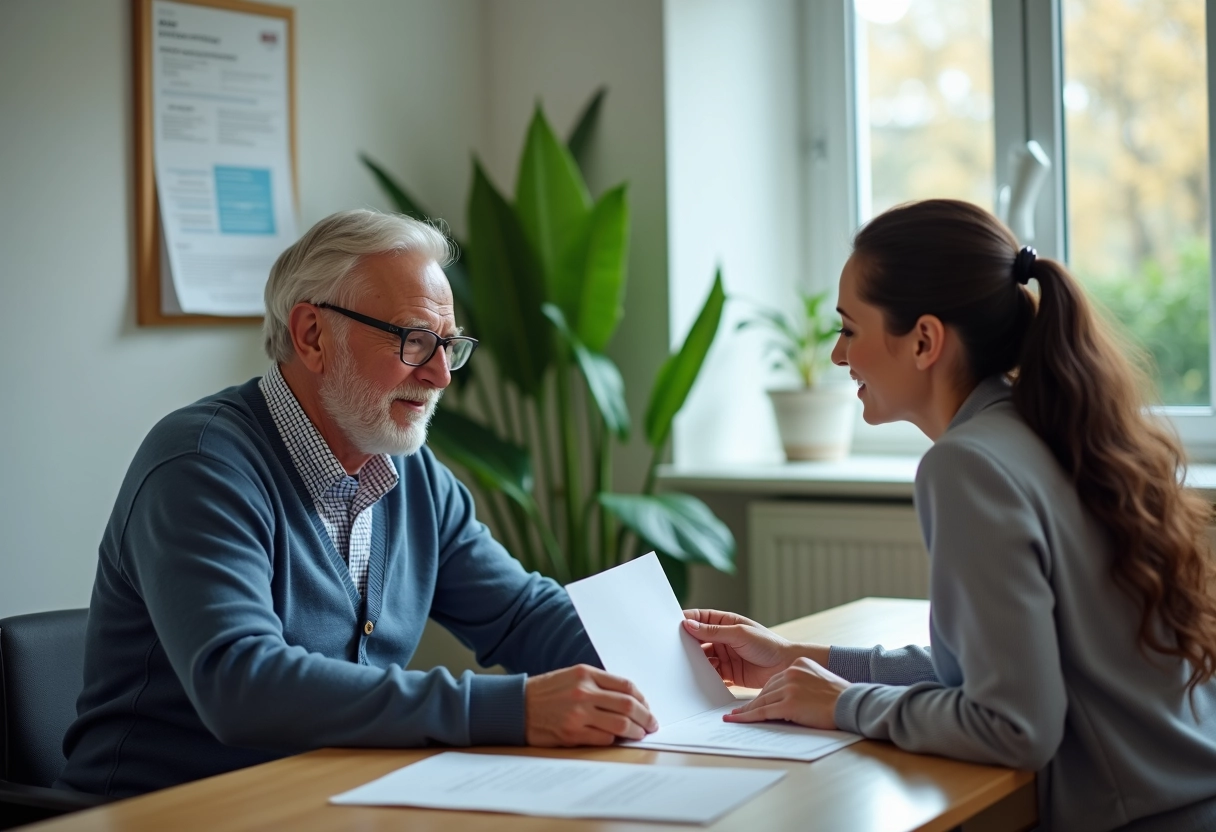 Homme retraité remettant un dossier à un agent administratif