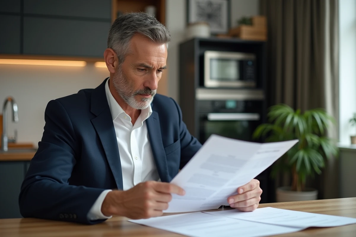 Homme en blazer blanc examine documents d'impots dans une cuisine moderne
