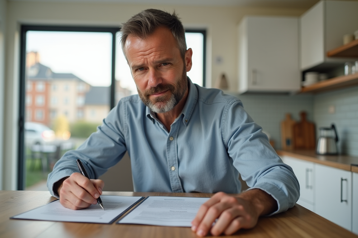 Homme d age signe calmement un accord de mortgage à la maison