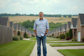 Homme d'âge moyen regardant la frontière entre banlieue et campagne