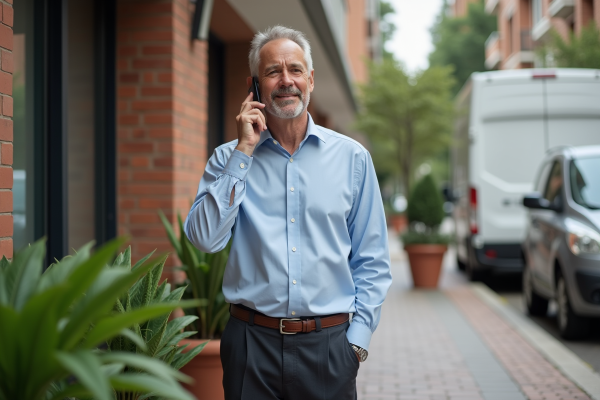 Homme au téléphone devant un bâtiment résidentiel en transition