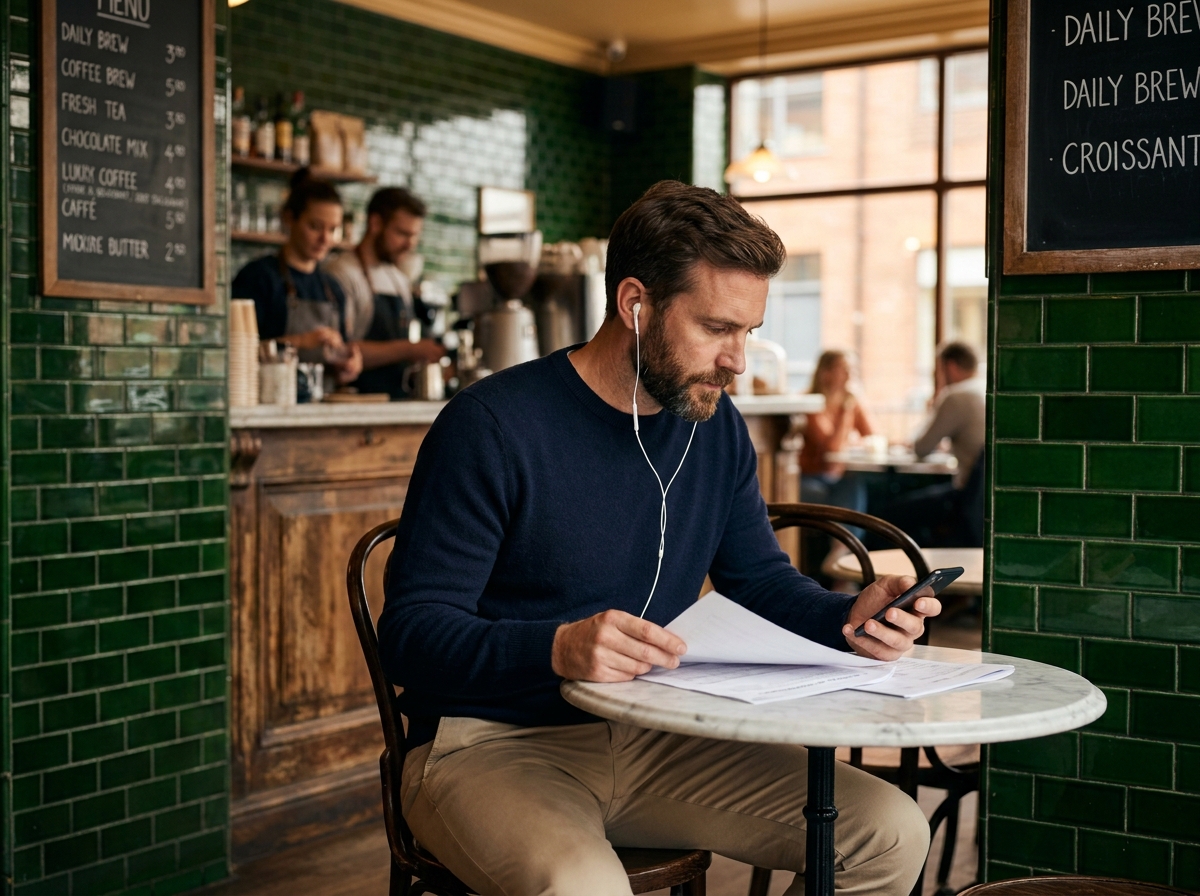 Homme travaillant dans un café urbain avec documents et smartphone, intérieur bistrot parisien authentique