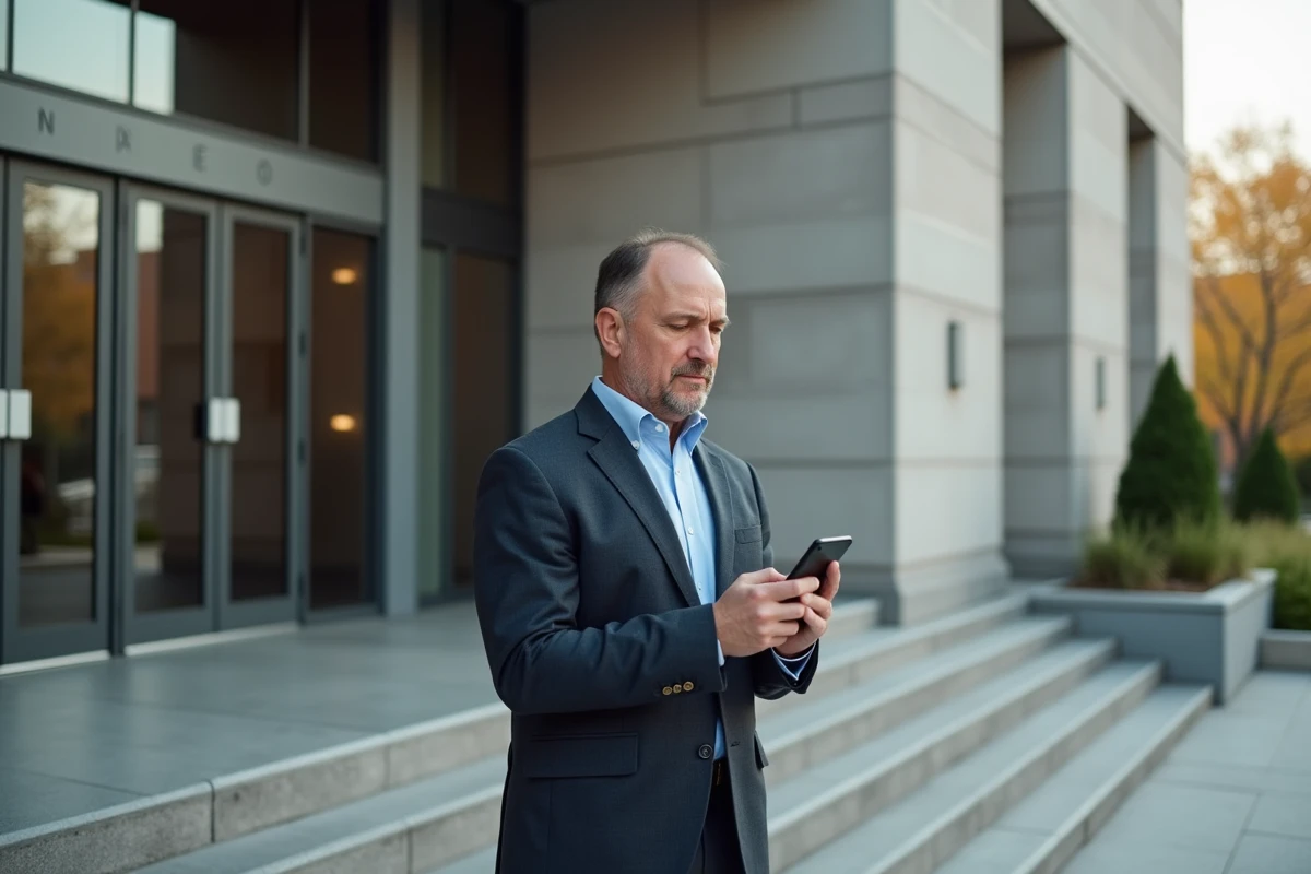 Homme v&eacute;rifiant des retours en ligne devant un b&acirc;timent officiel