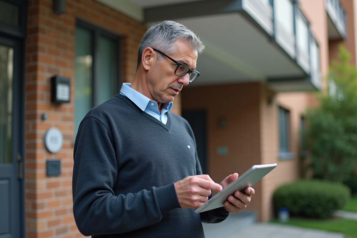 Homme vérifie détails sur une tablette devant un immeuble résidentiel