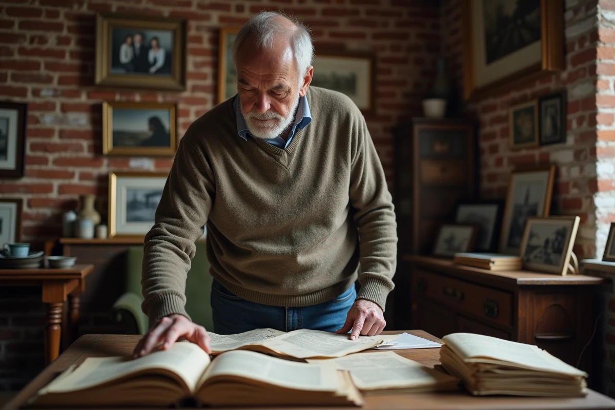 Homme d age examinant des documents dans une maison ancienne