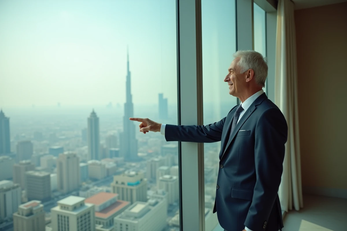 Homme en costume regardant la skyline depuis Almas Tower