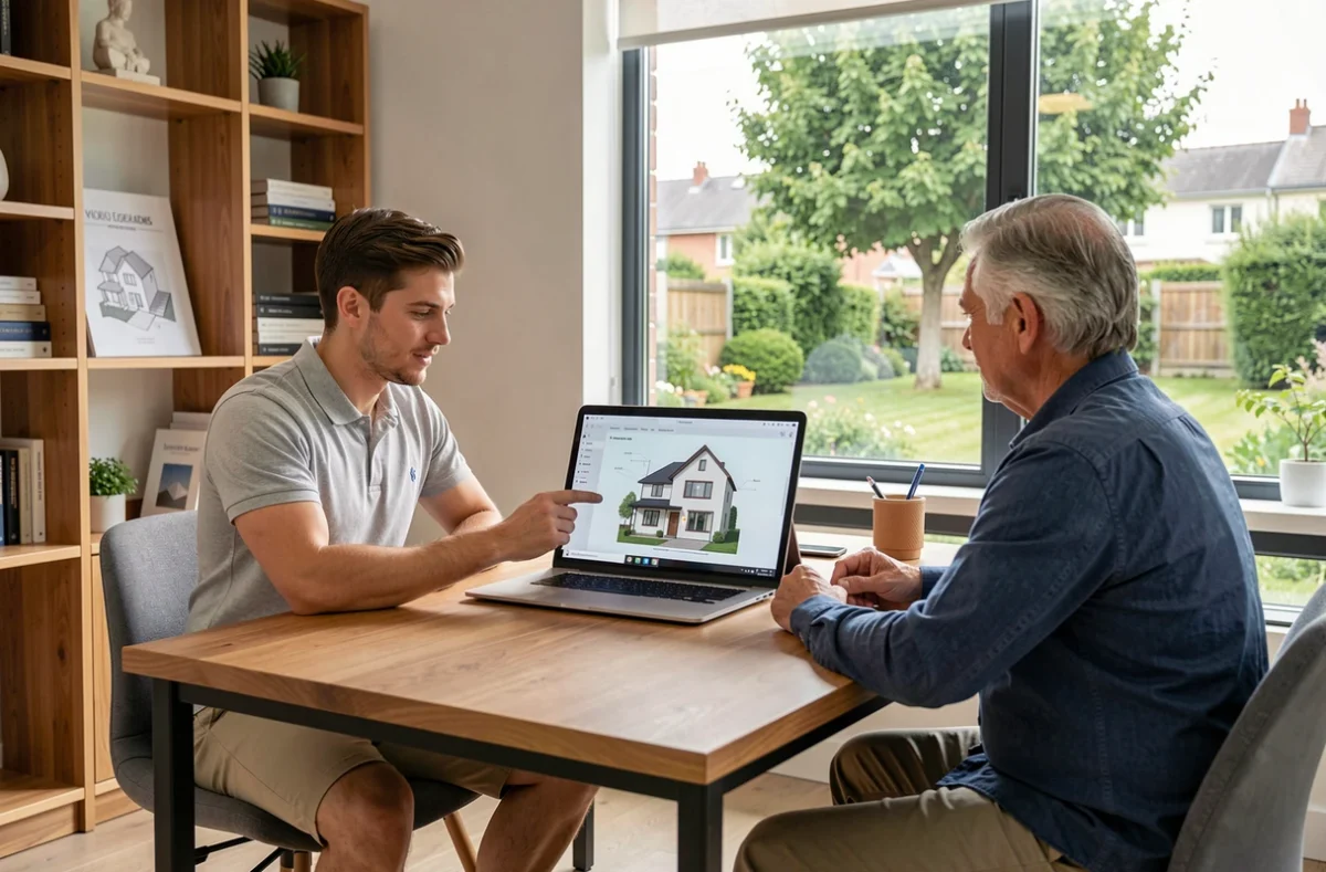 Consultant d'Homtimize présentant un plan de rénovation résidentielle sur tablette à des clients dans un espace moderne