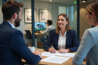 Agent immobilier présentant un contrat de vente à des acquéreurs dans une agence moderne, illustration de la loi Alur et des honoraires immobiliers