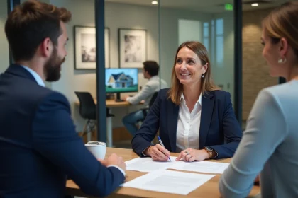 Agent immobilier présentant un contrat de vente à des acquéreurs dans une agence moderne, illustration de la loi Alur et des honoraires immobiliers