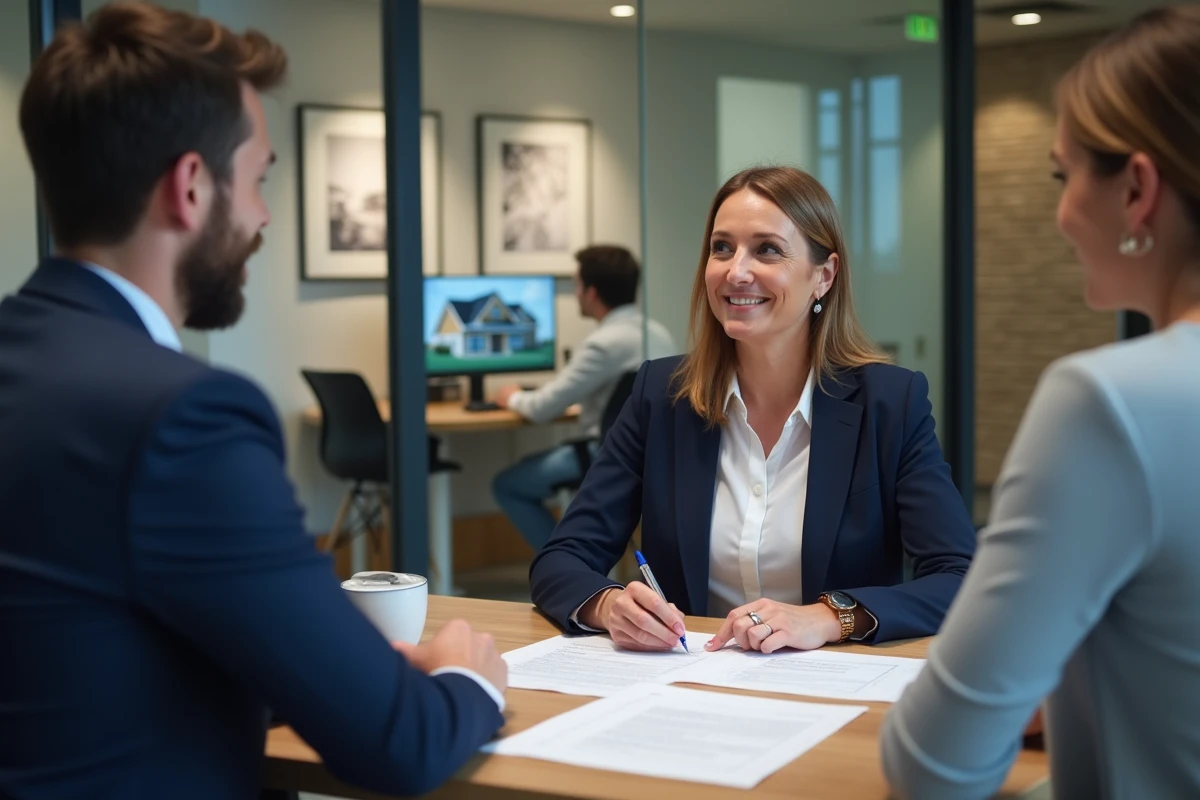 Agent immobilier présentant un contrat de vente à des acquéreurs dans une agence moderne, illustration de la loi Alur et des honoraires immobiliers